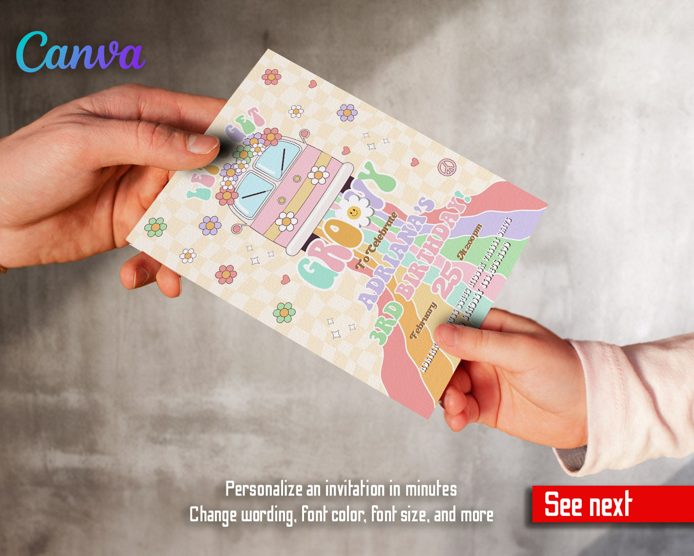 Groovy Retro Van customizable invitation template | Share or Print |  | BZ874