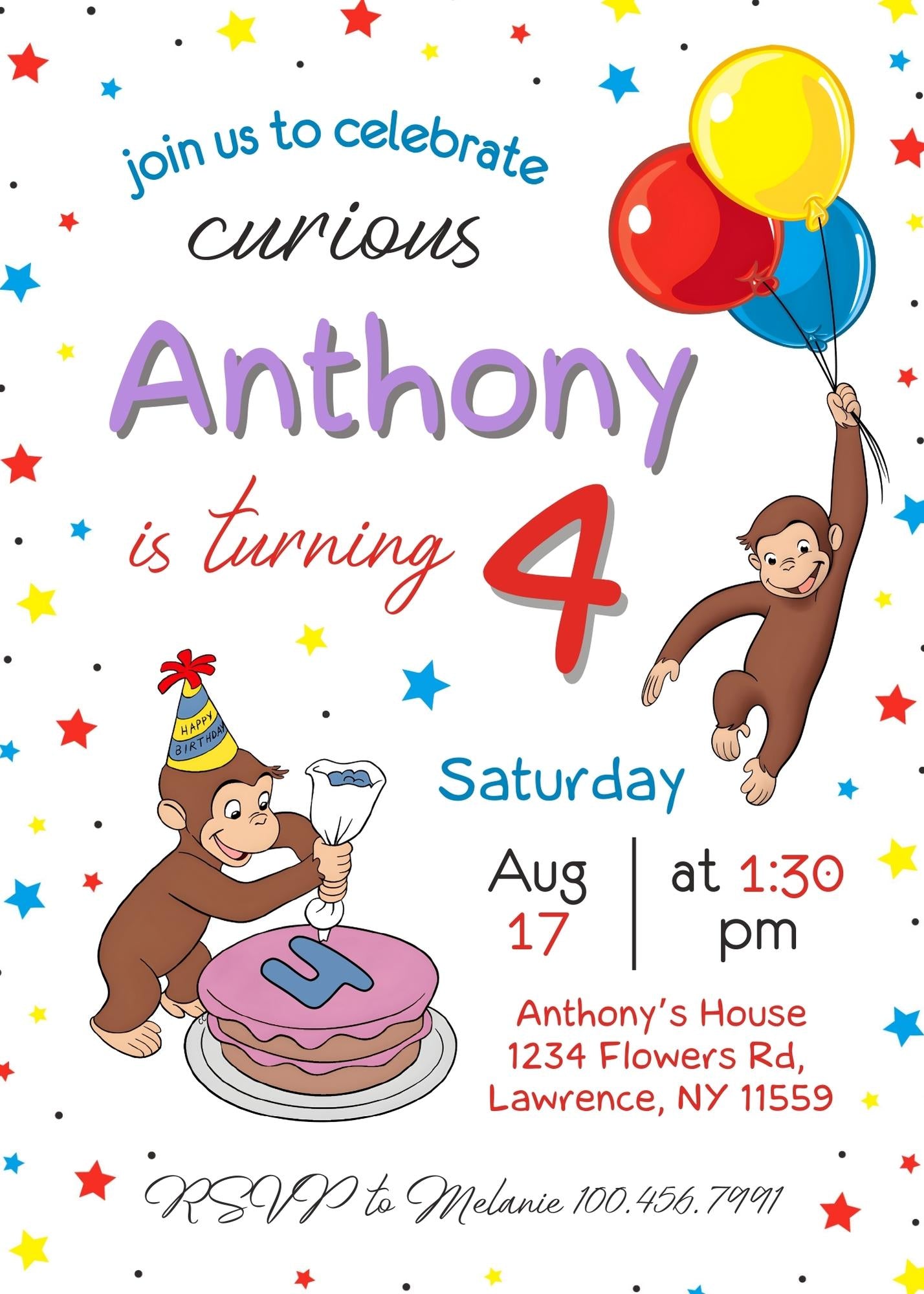 Curious George Monkey customizable invitation template | Share or Print |  | FK325