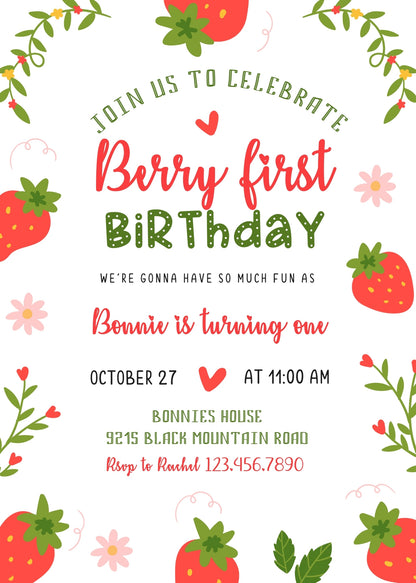 Berry First Birthday customizable invitation template | Share or Print | girl | UL755