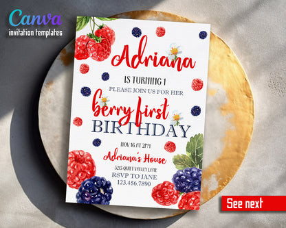 Berry First Birthday customizable invitation template | Share or Print | girl | RX233