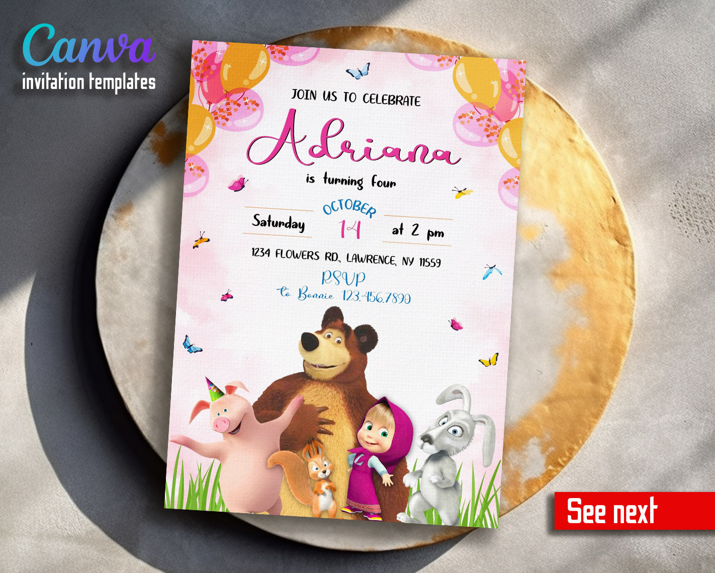 Masha and the Bear customizable invitation template | Share or Print |  | HF388