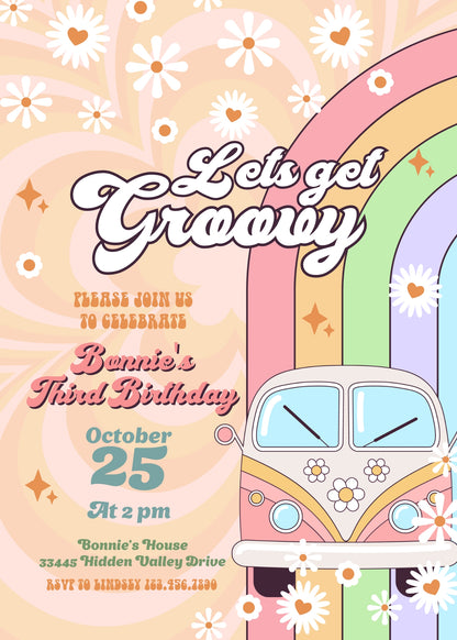 Groovy Retro Van customizable invitation template | Share or Print |  | KJ971