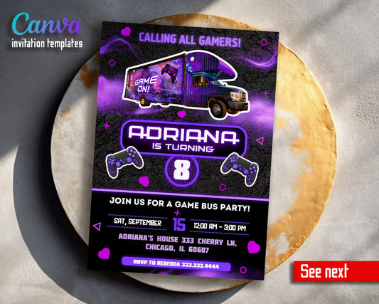 Video Game Bus Gamer customizable invitation template | Share or Print | boy | RI937