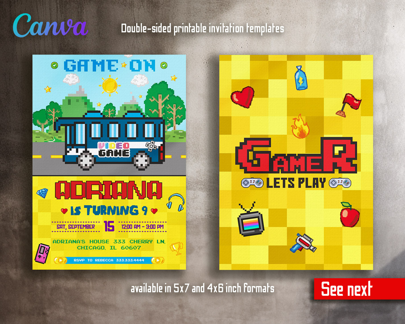 Video Game Bus Gamer customizable invitation template | Share or Print | boy | WA026