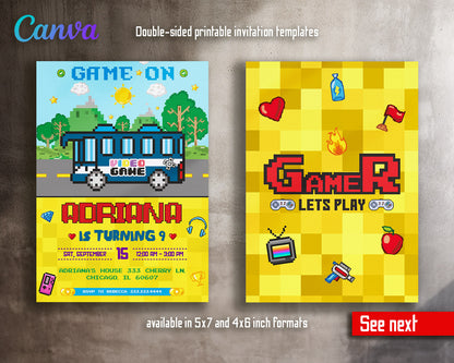 Video Game Bus Gamer customizable invitation template | Share or Print | boy | WA026