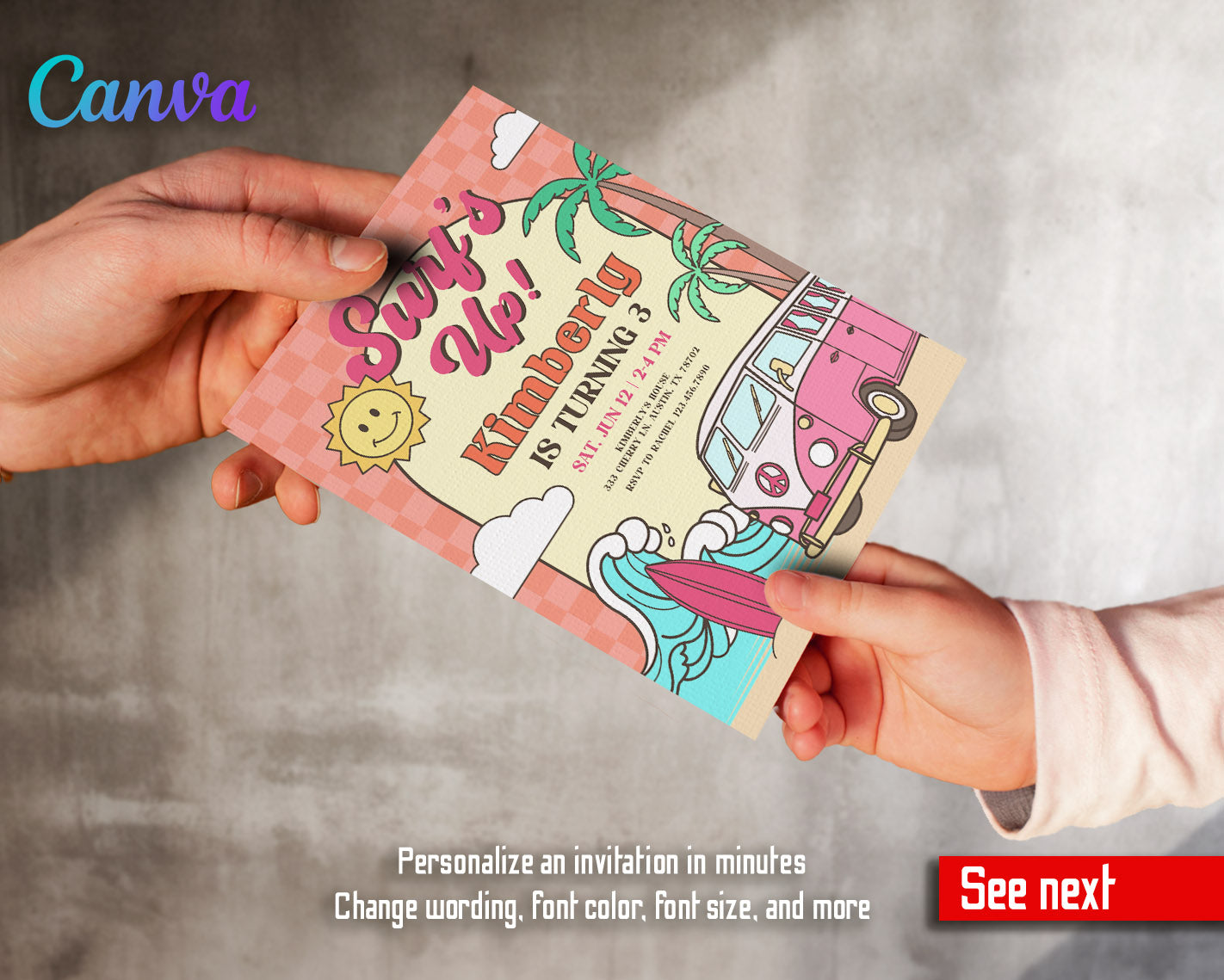 Groovy Surfvan Surfing customizable invitation template | Share or Print |  | FU886