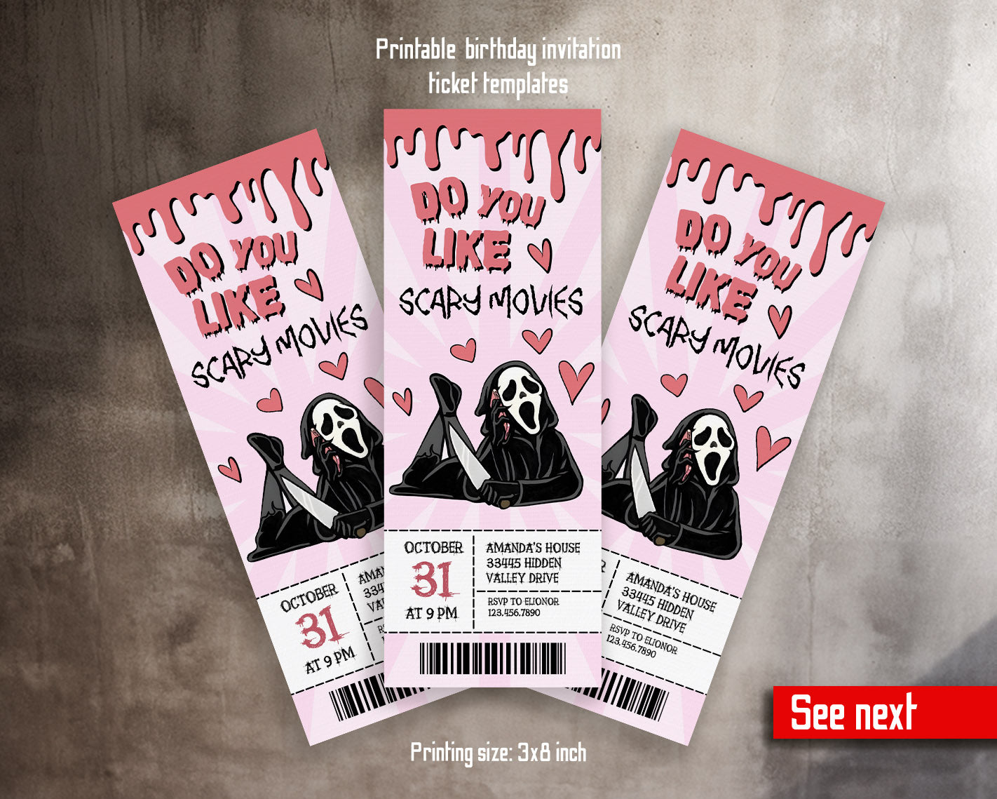 Horror Killer Movie Party Ticket customizable invitation template | Share or Print |  | KH031