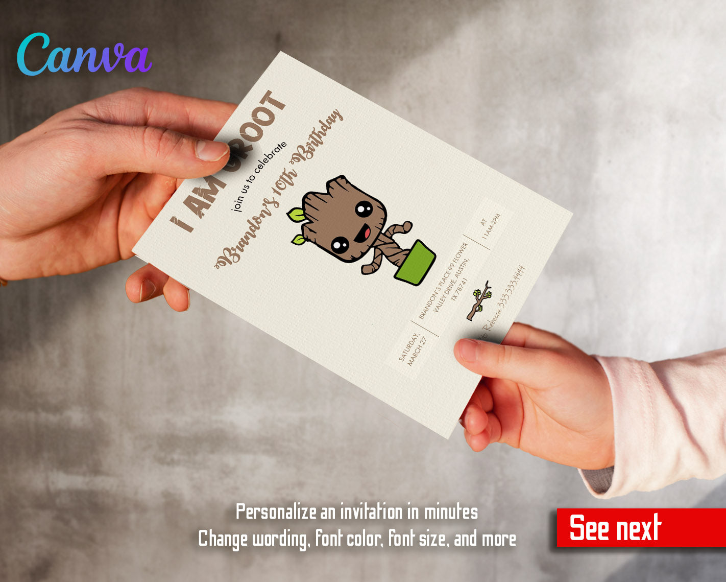 Groot Guardians of the Galaxy Superhero customizable invitation template | Share or Print |  | VD389