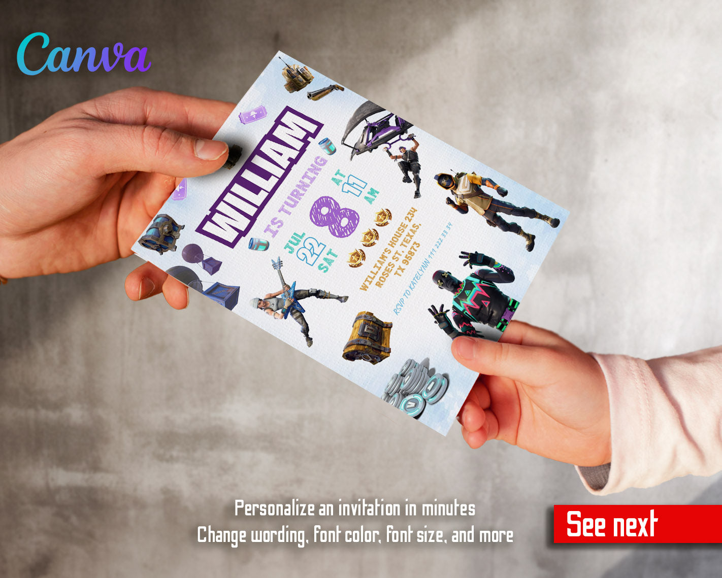 Fortnite gamer customizable invitation template | Share or Print | boy | RP505