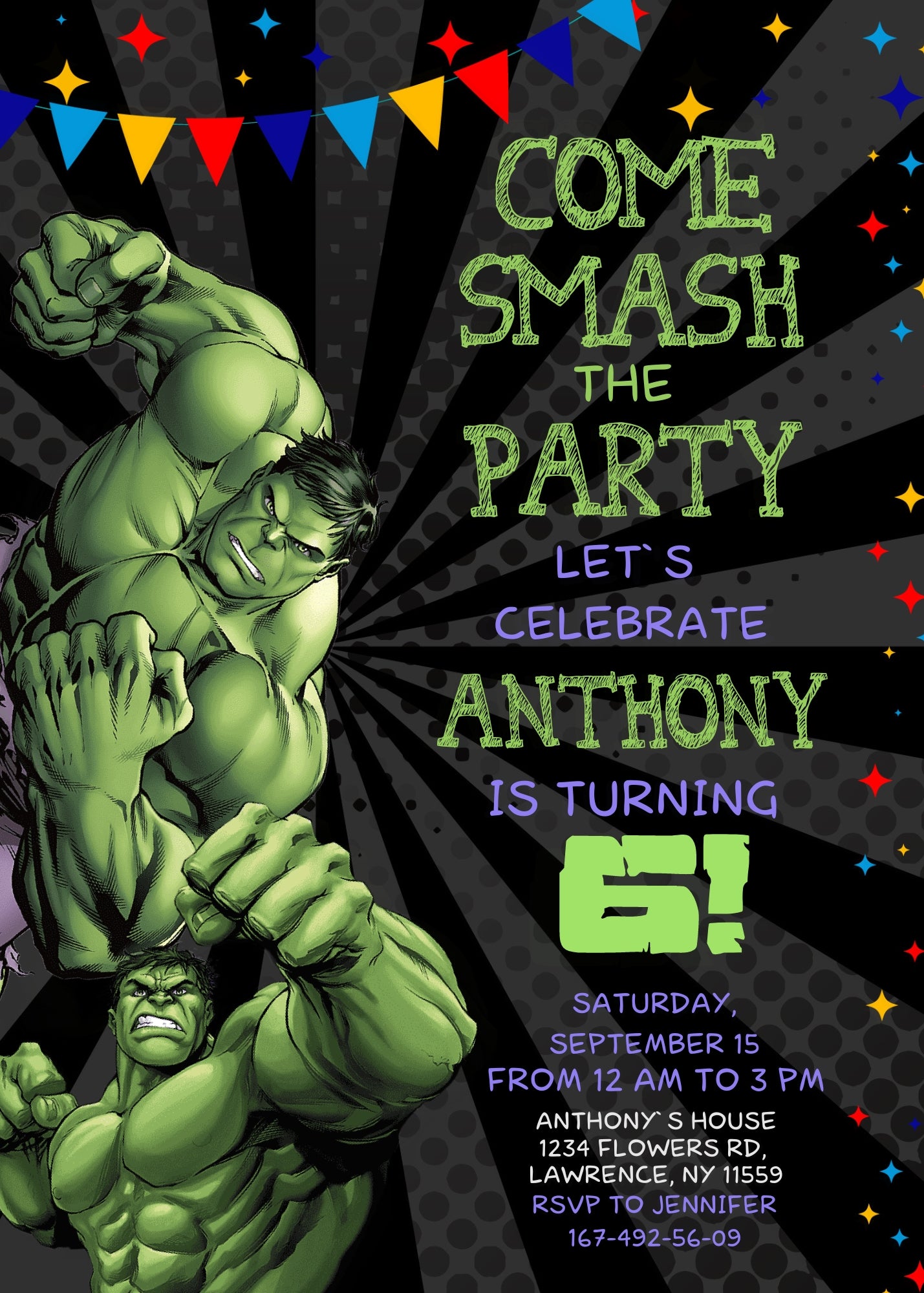 Hulk The Avengers Marvel Superhero customizable invitation template | Share or Print | boy | NG976