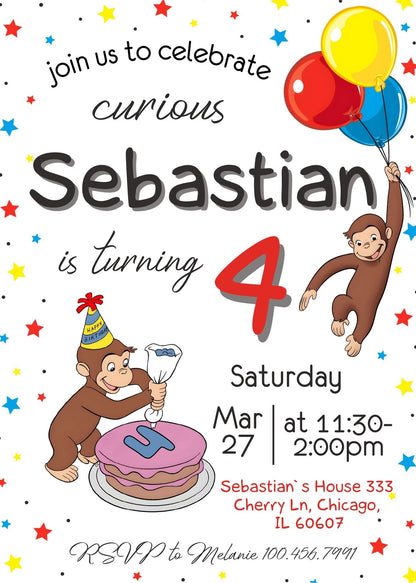 Curious George Monkey customizable invitation template | Share or Print |  | KR865