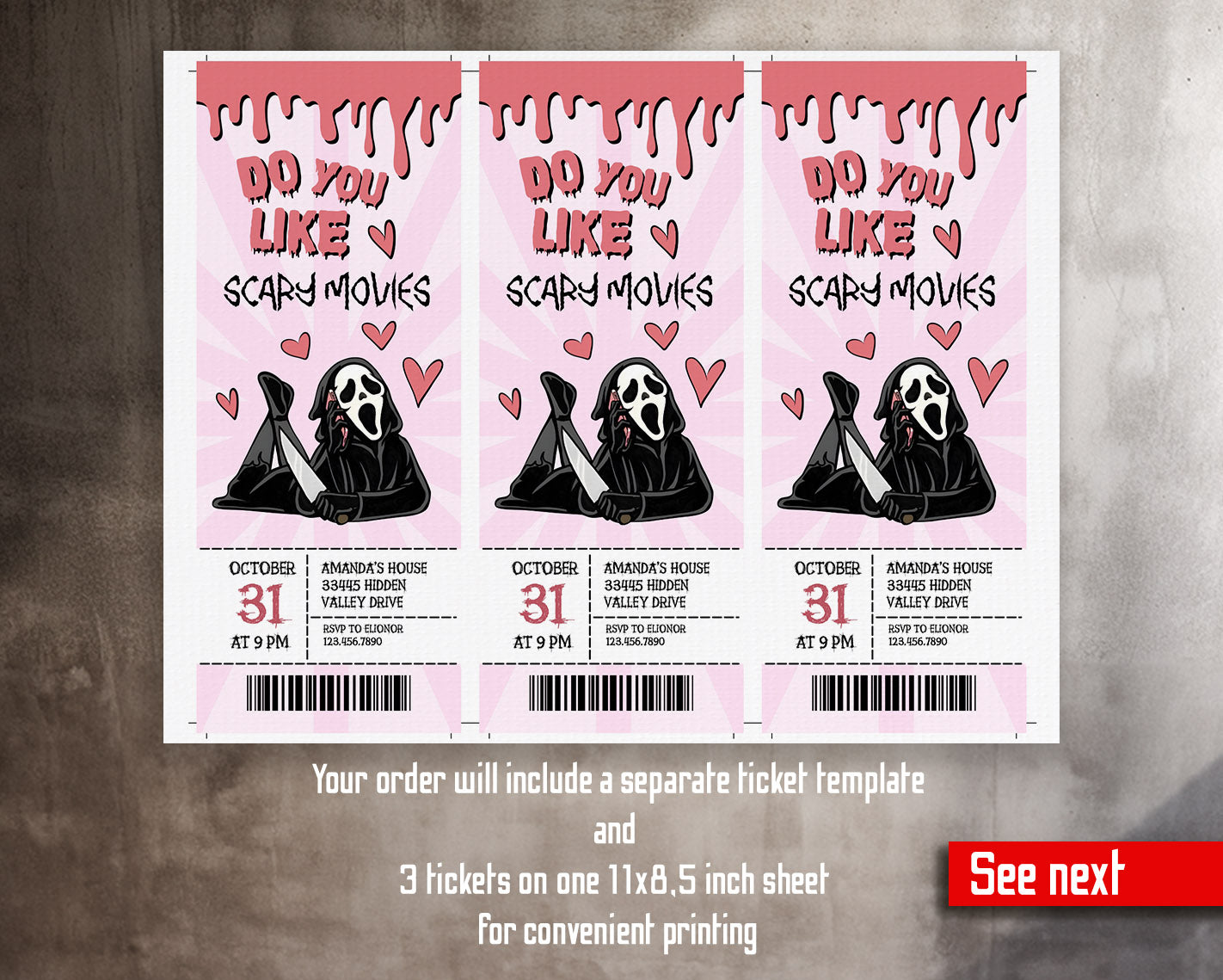 Horror Killer Movie Party Ticket customizable invitation template | Share or Print |  | KH031