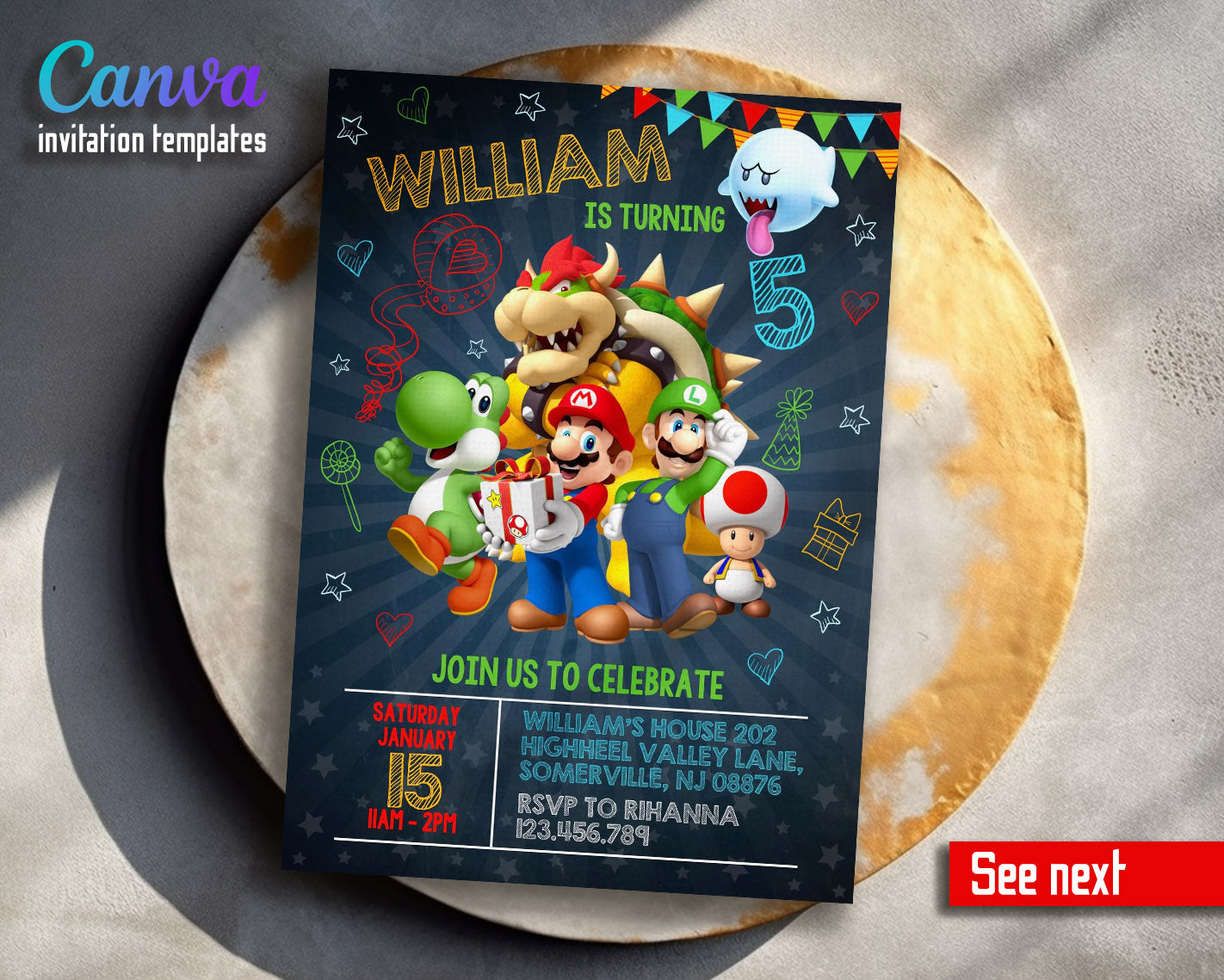 Super Mario Bros  customizable invitation template | Share or Print |  | WD739