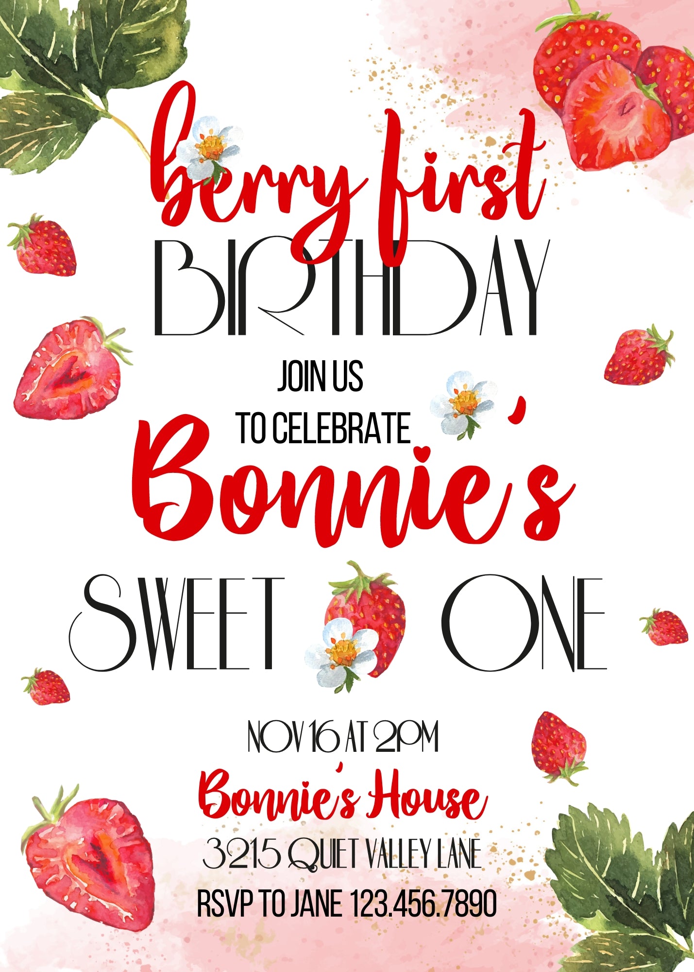 Berry First Birthday customizable invitation template | Share or Print | girl | UY400