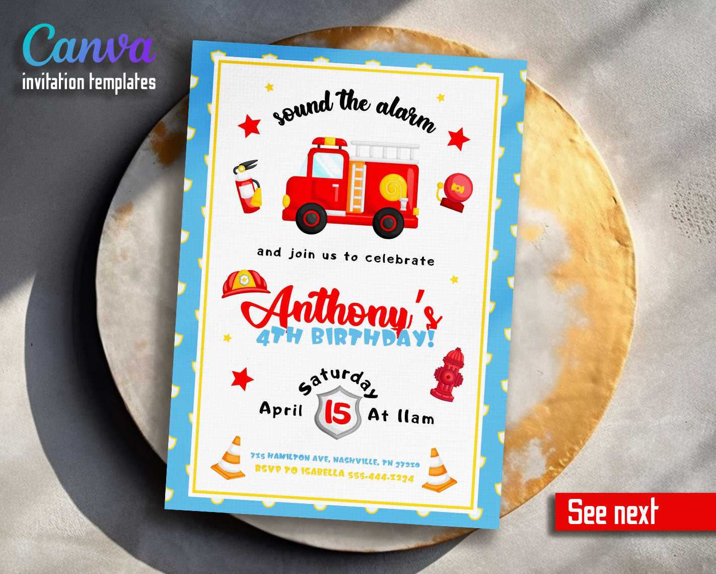 Firetruck Firefighter Fire Truck customizable invitation template | Share or Print | boy | EH988