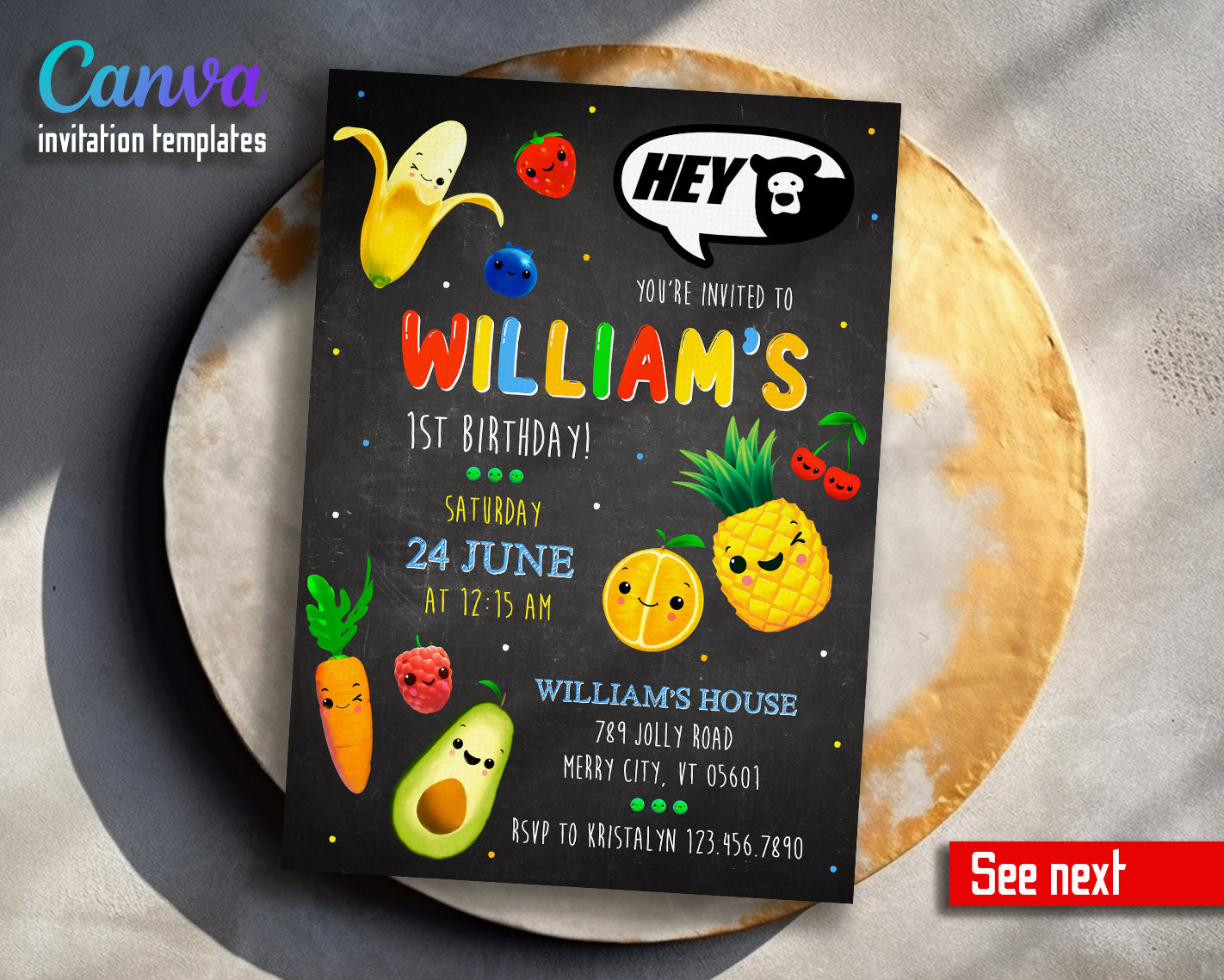 Hey Bear Sensory Dancing Fruits customizable invitation template | Share or Print |  | BY808