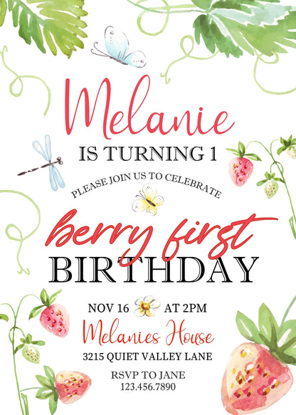 Berry First Birthday customizable invitation template | Share or Print | girl | MA185