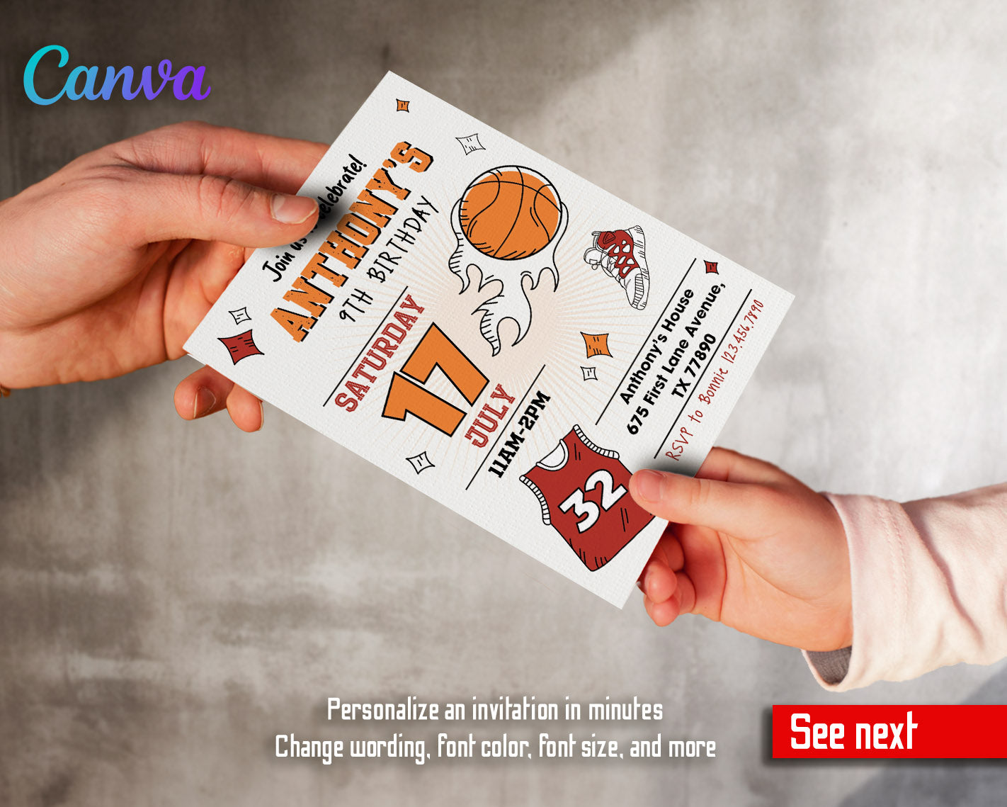 Basketball NBA Slam Dunk  customizable invitation template | Share or Print | boy | QR925