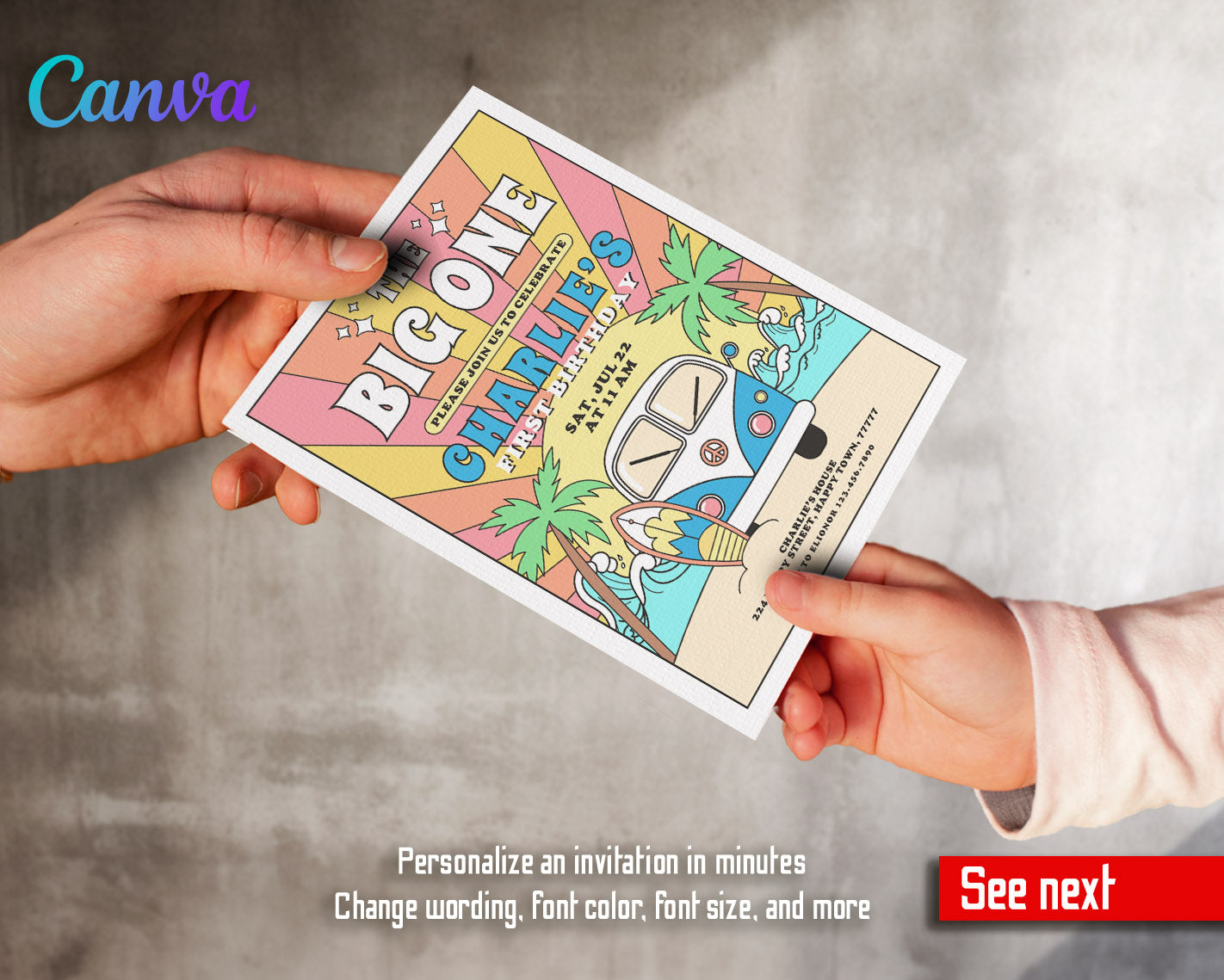 Groovy 1st Surfvan Surfing customizable invitation template | Share or Print |  | WJ203