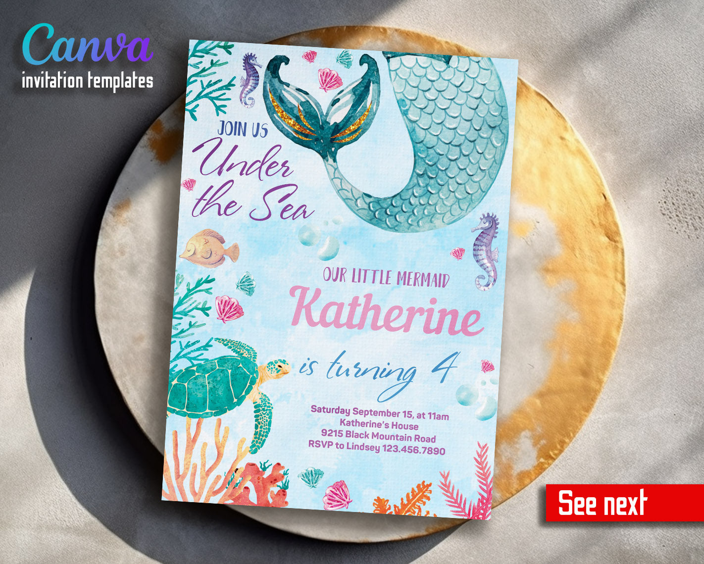 The Little Mermaid Ariel customizable invitation template | Share or Print | girl | XV726