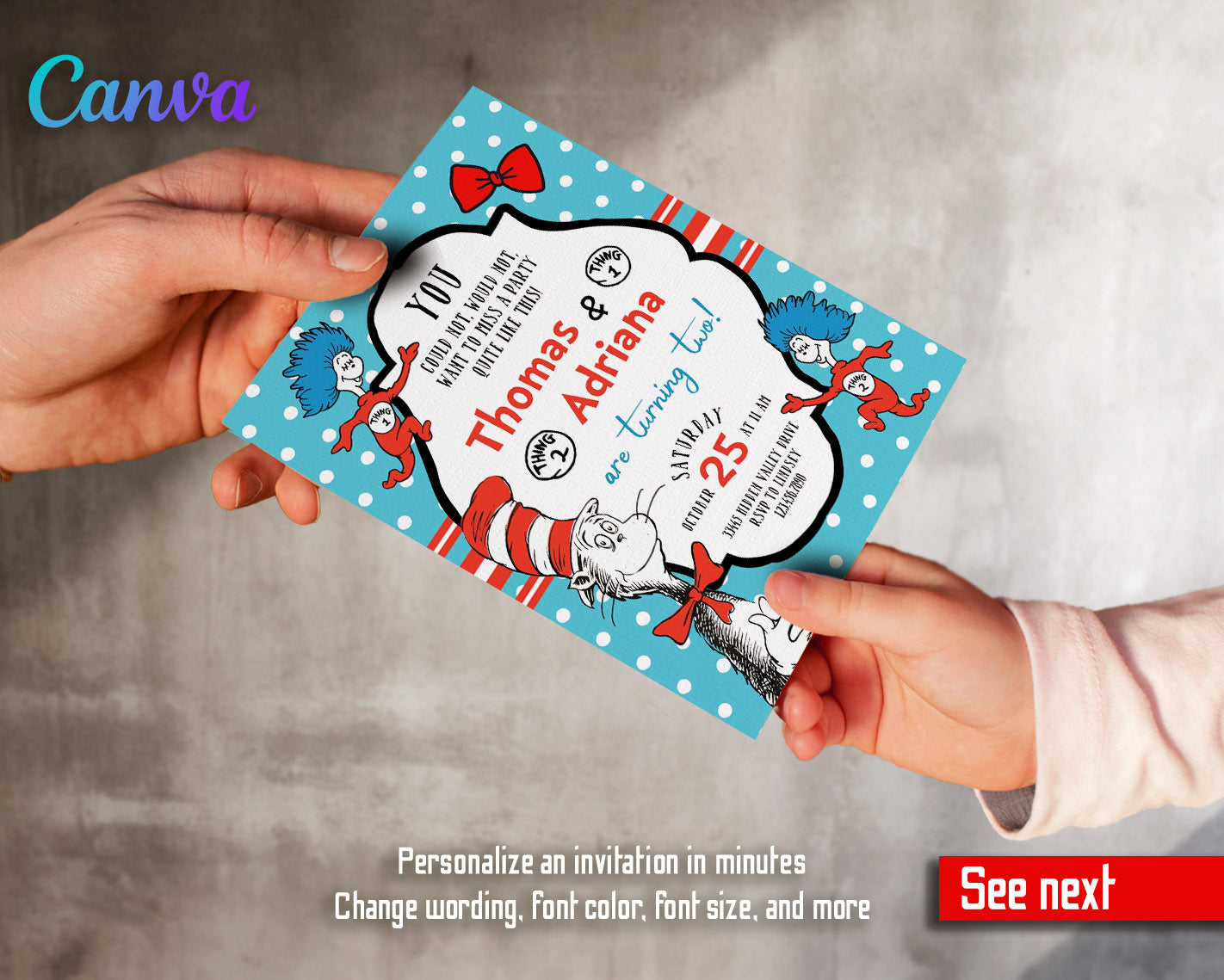 Dr Seuss The Cat in the Hat Twins customizable invitation template | Share or Print |  | MO231