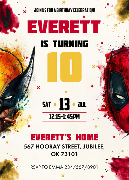 Deadpool Wolverine Marvel customizable invitation template | Share or Print | boy | TQ964