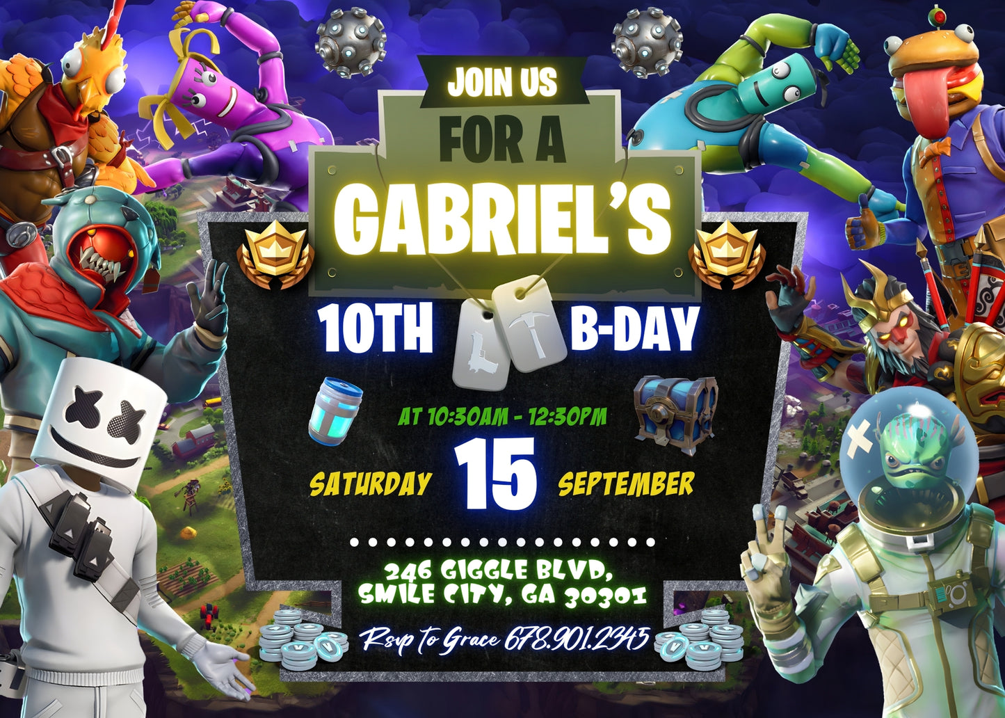 Fortnite gamer customizable invitation template | Share or Print | boy | LZ398