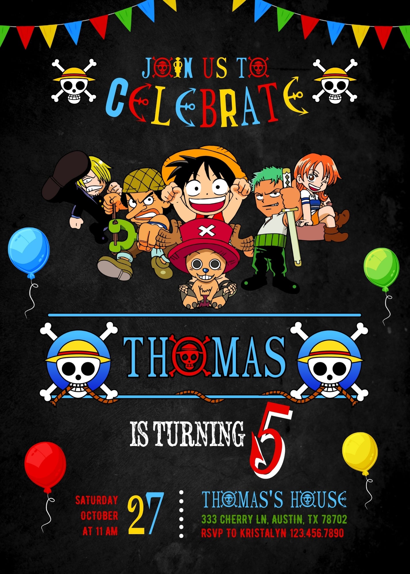 One Piece Monkey D.Luffy Anime customizable invitation template | Share or Print | | GD441