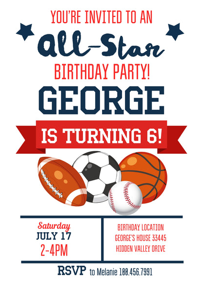 Sport Football Basketball Baseball customizable invitation template | Share or Print | boy | NJ082