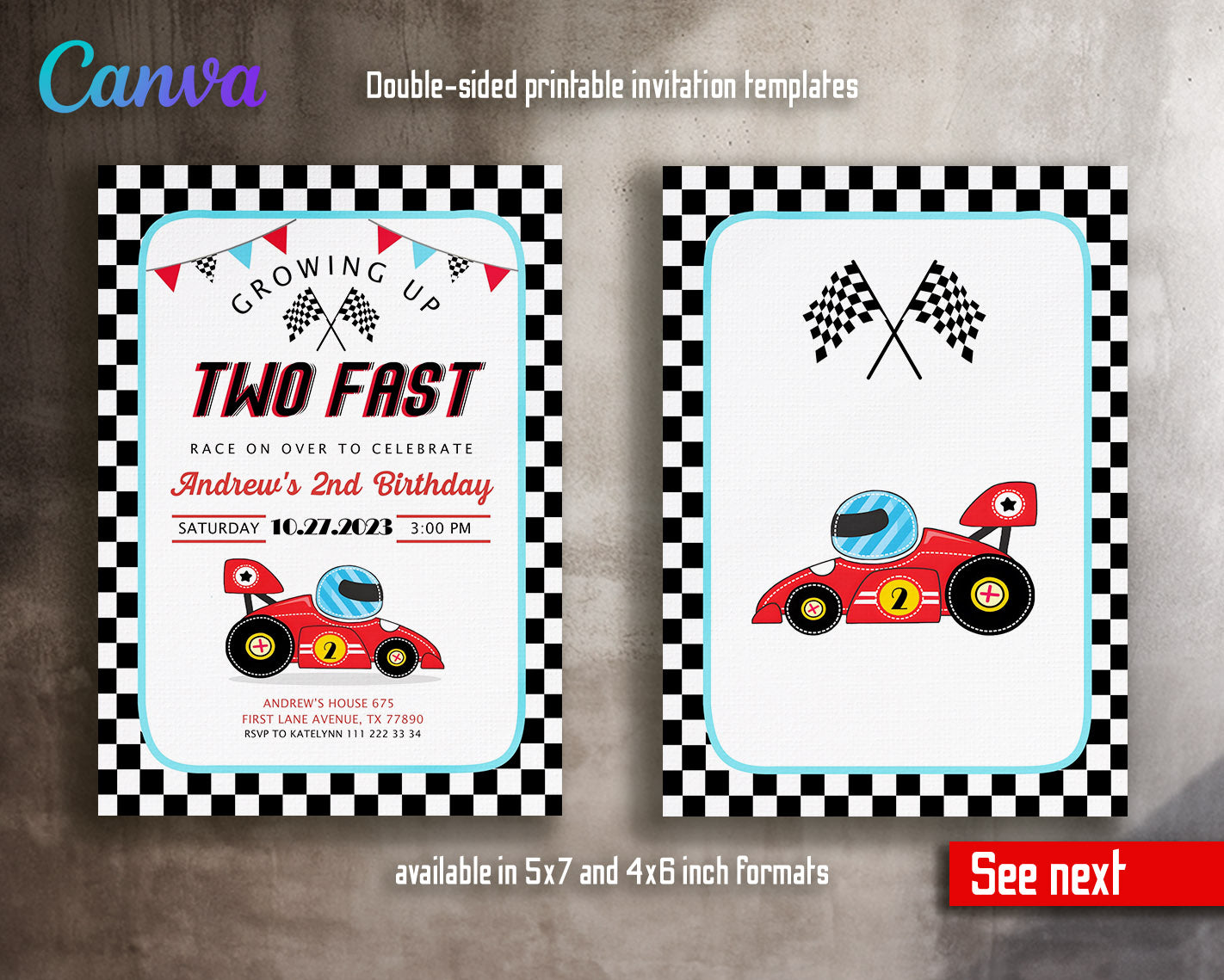 Race Car 2nd Bday Watercolor customizable invitation template | Share or Print | boy | WN261