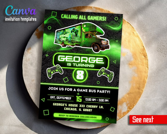 Video Game Bus Gamer customizable invitation template | Share or Print | boy | CH388