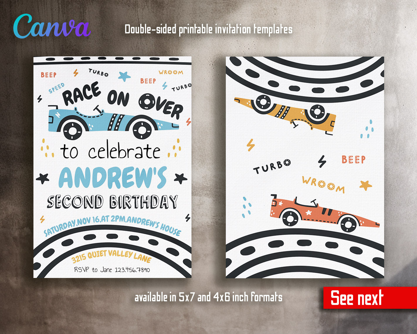 Race Car 2nd Bday Watercolor customizable invitation template | Share or Print | boy | AG186