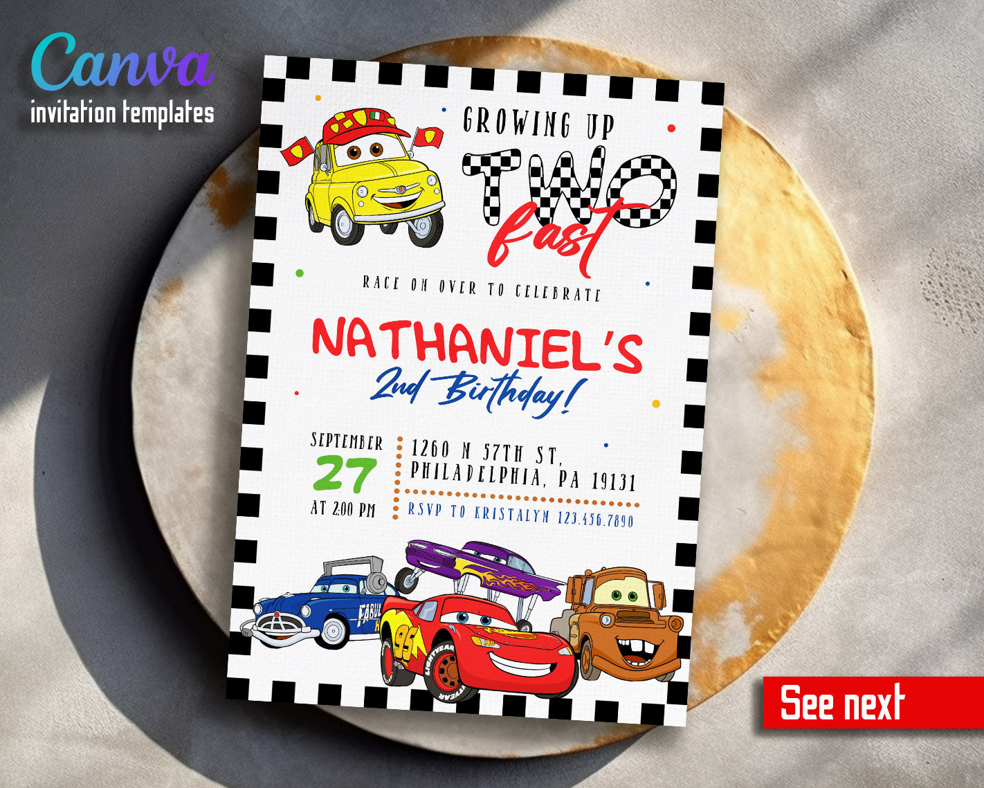 Cars Lightning Mcqueen Two customizable invitation template | Share or Print | boy | JJ261