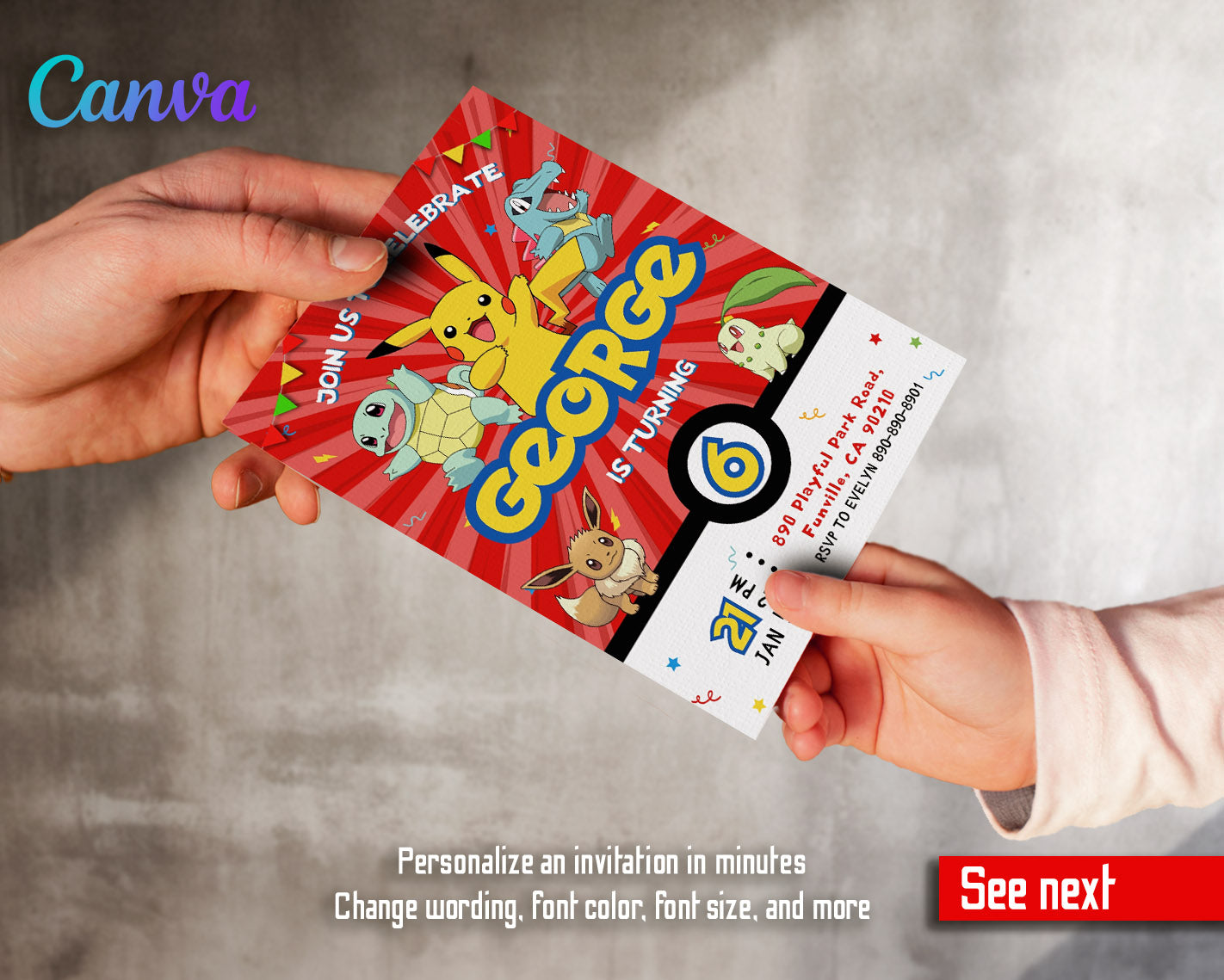 Pokemon Pikachu  customizable invitation template | Share or Print |  | NK285