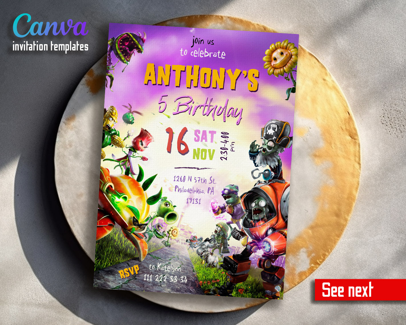 Plants vs Zombies Gamer customizable invitation template | Share or Print |  | MO891