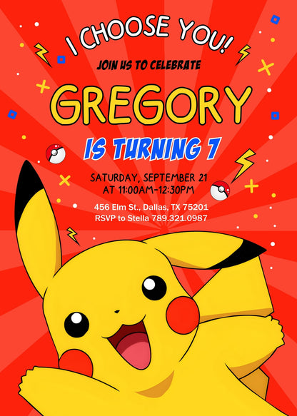 Pokemon Pikachu  customizable invitation template | Share or Print |  | PO743