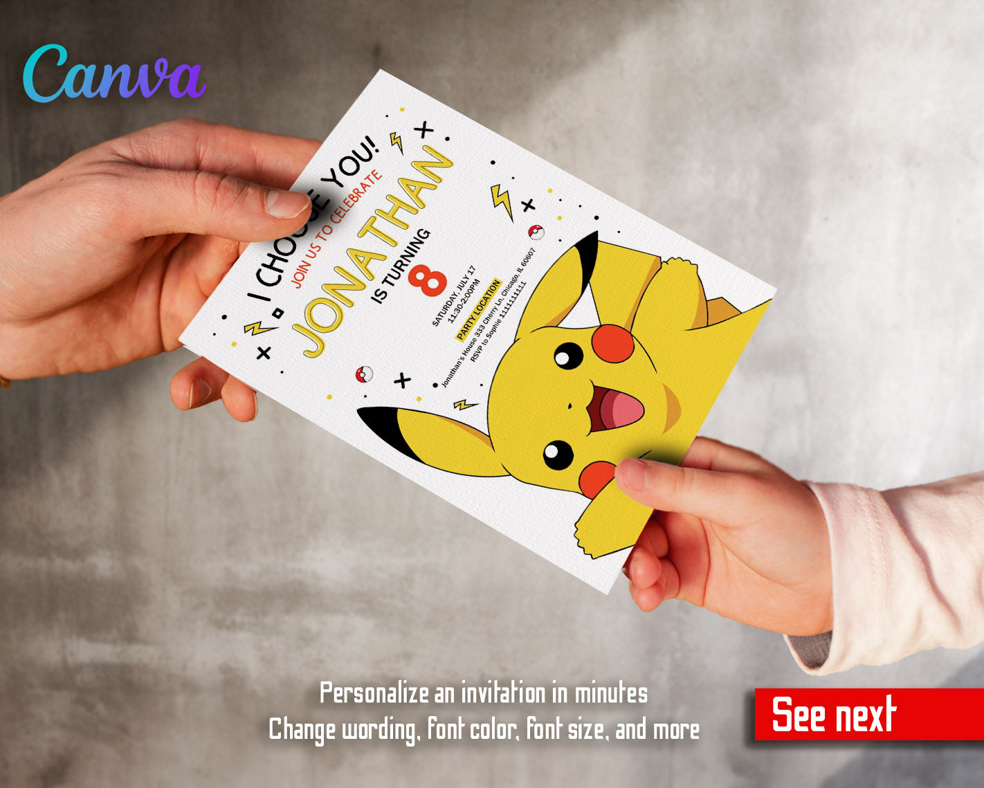 Pokemon Pikachu  customizable invitation template | Share or Print |  | QI435