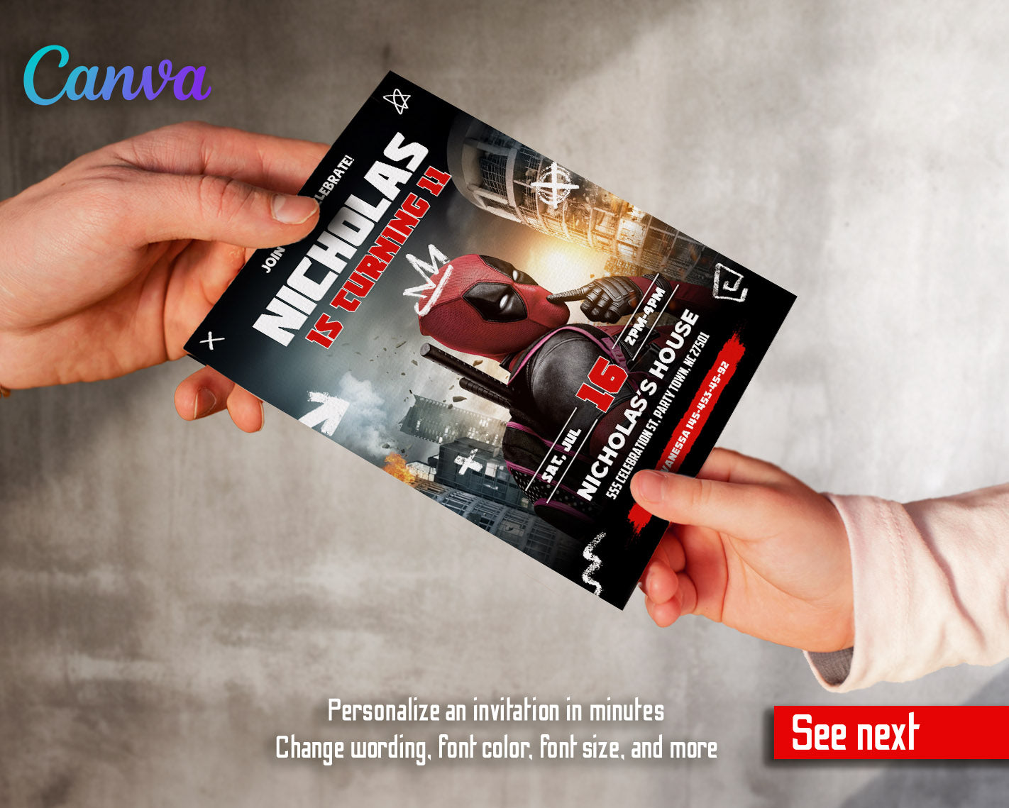 Deadpool Marvel  customizable invitation template | Share or Print | boy | XH594