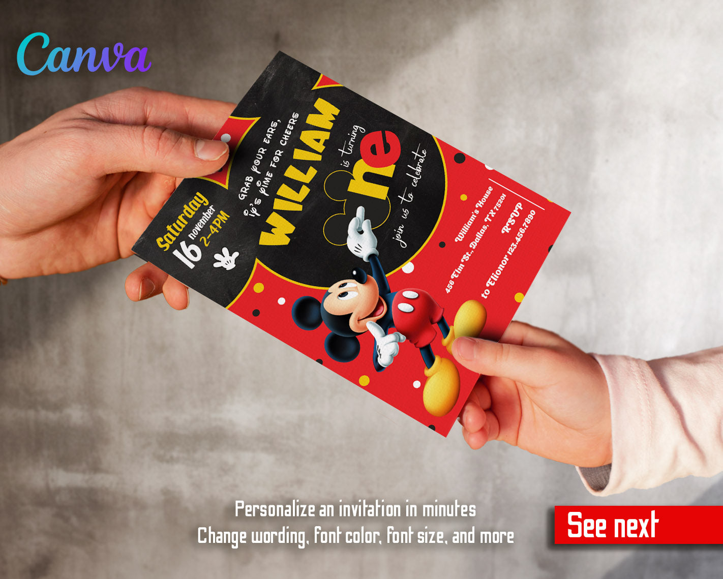 Mickey Mouse 1st Birthday customizable invitation template | Share or Print |  | OG108