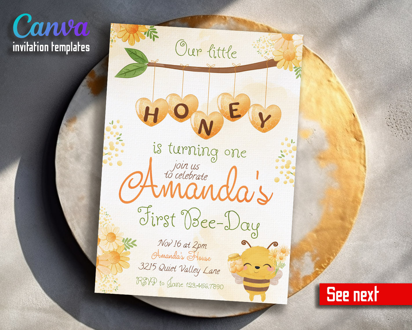 1st Bee Day Party customizable invitation template | Share or Print |  | RB134