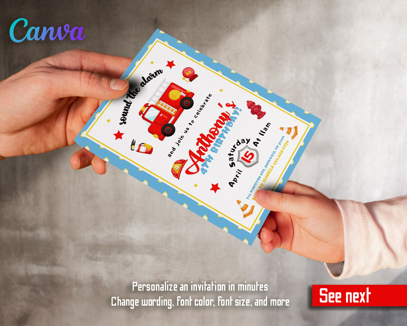 Firetruck Firefighter Fire Truck customizable invitation template | Share or Print | boy | EH988