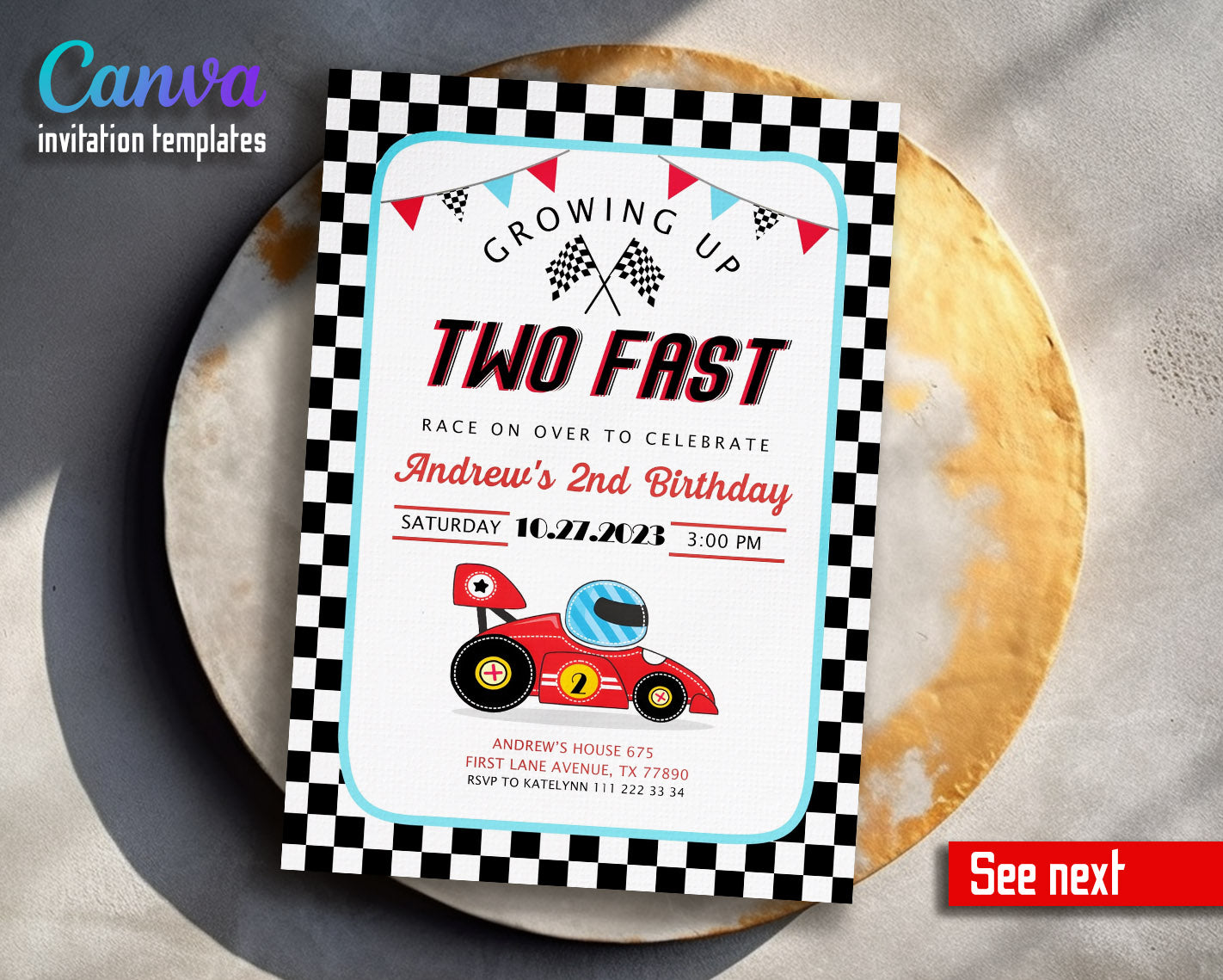 Race Car 2nd Bday Watercolor customizable invitation template | Share or Print | boy | WN261