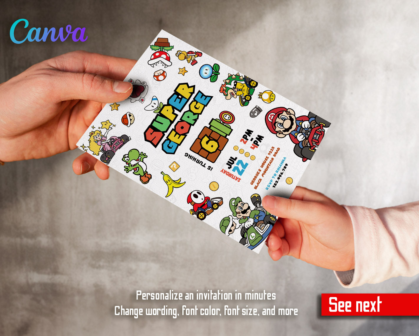 Mario Kart Gamer customizable invitation template | Share or Print | boy | UK706