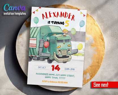 Trash Green Truck customizable invitation template | Share or Print |  | VL012