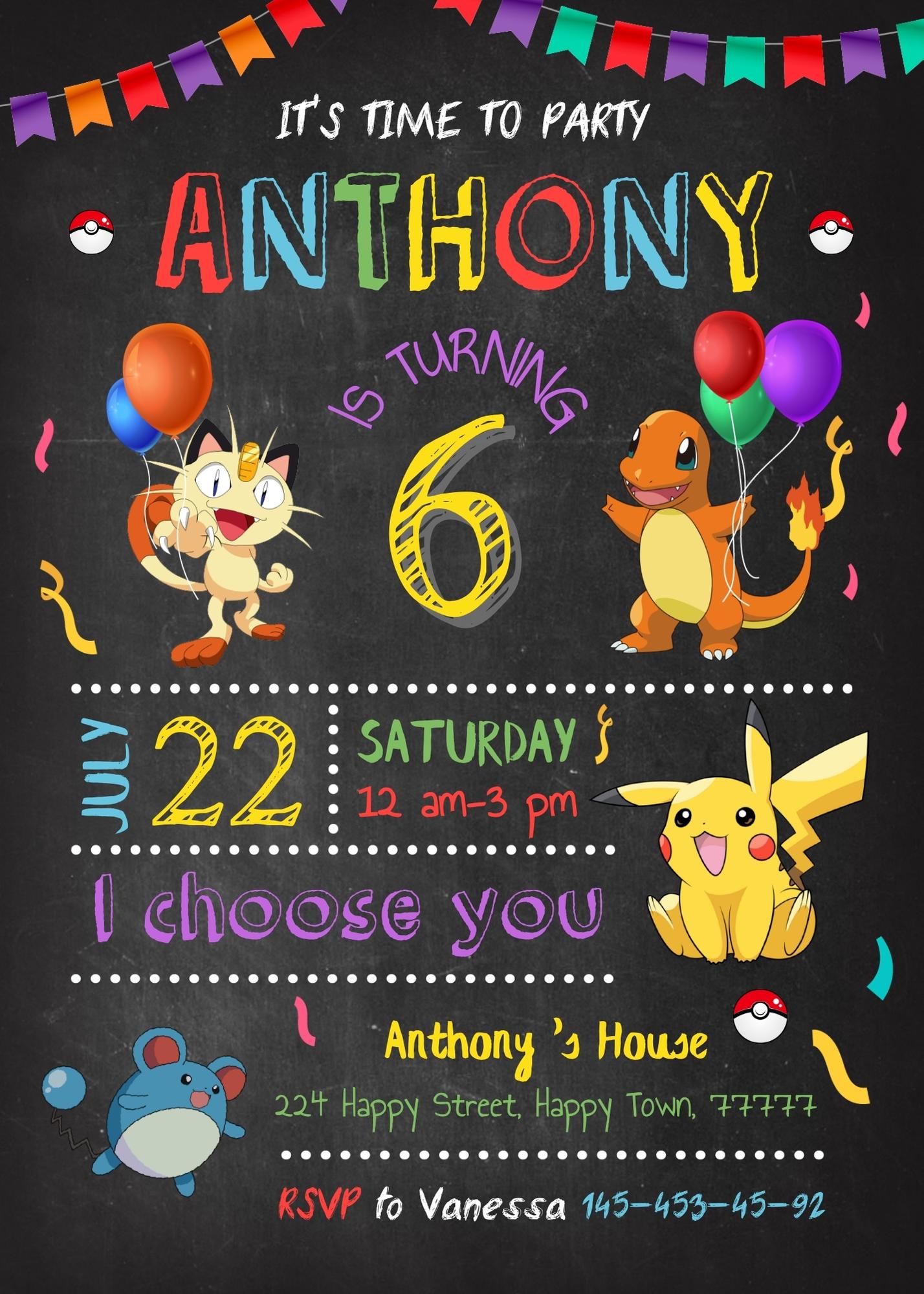 Pokemon Pikachu  customizable invitation template | Share or Print |  | OY023