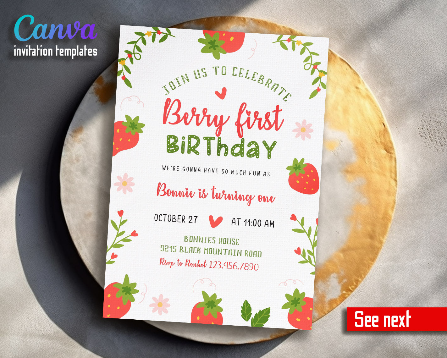 Berry First Birthday customizable invitation template | Share or Print | girl | UL755