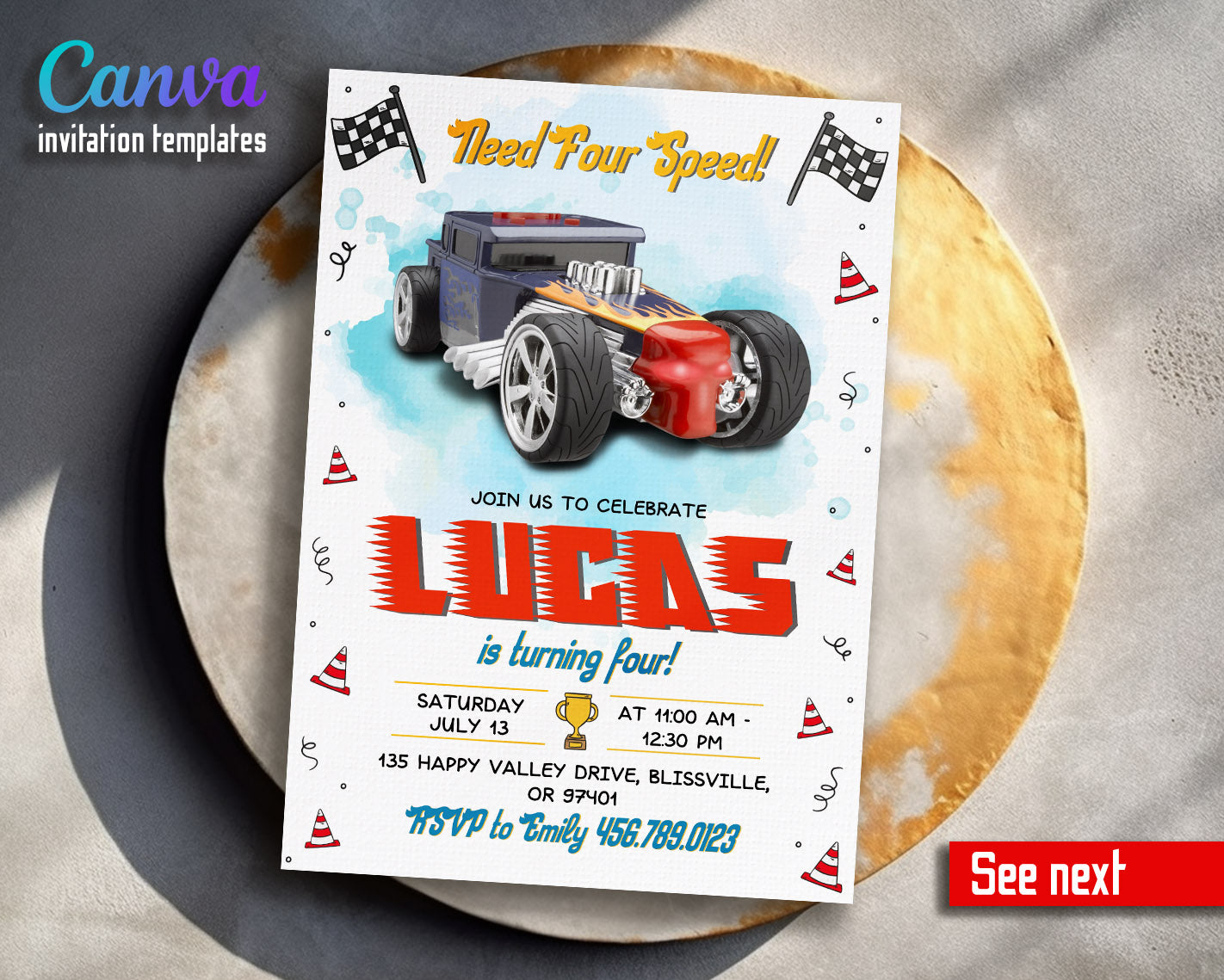 Hot Wheels Need Four Speed  customizable invitation template | Share or Print | boy | IG073