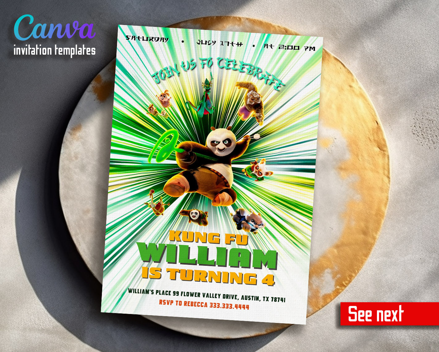 Kung Fu Panda Po customizable invitation template | Share or Print |  | YO416