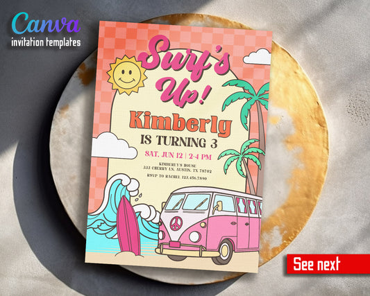 Groovy Surfvan Surfing customizable invitation template | Share or Print |  | FU886