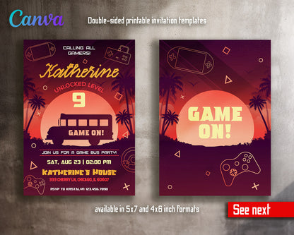 Video Game Bus Gamer customizable invitation template | Share or Print | boy | YA466